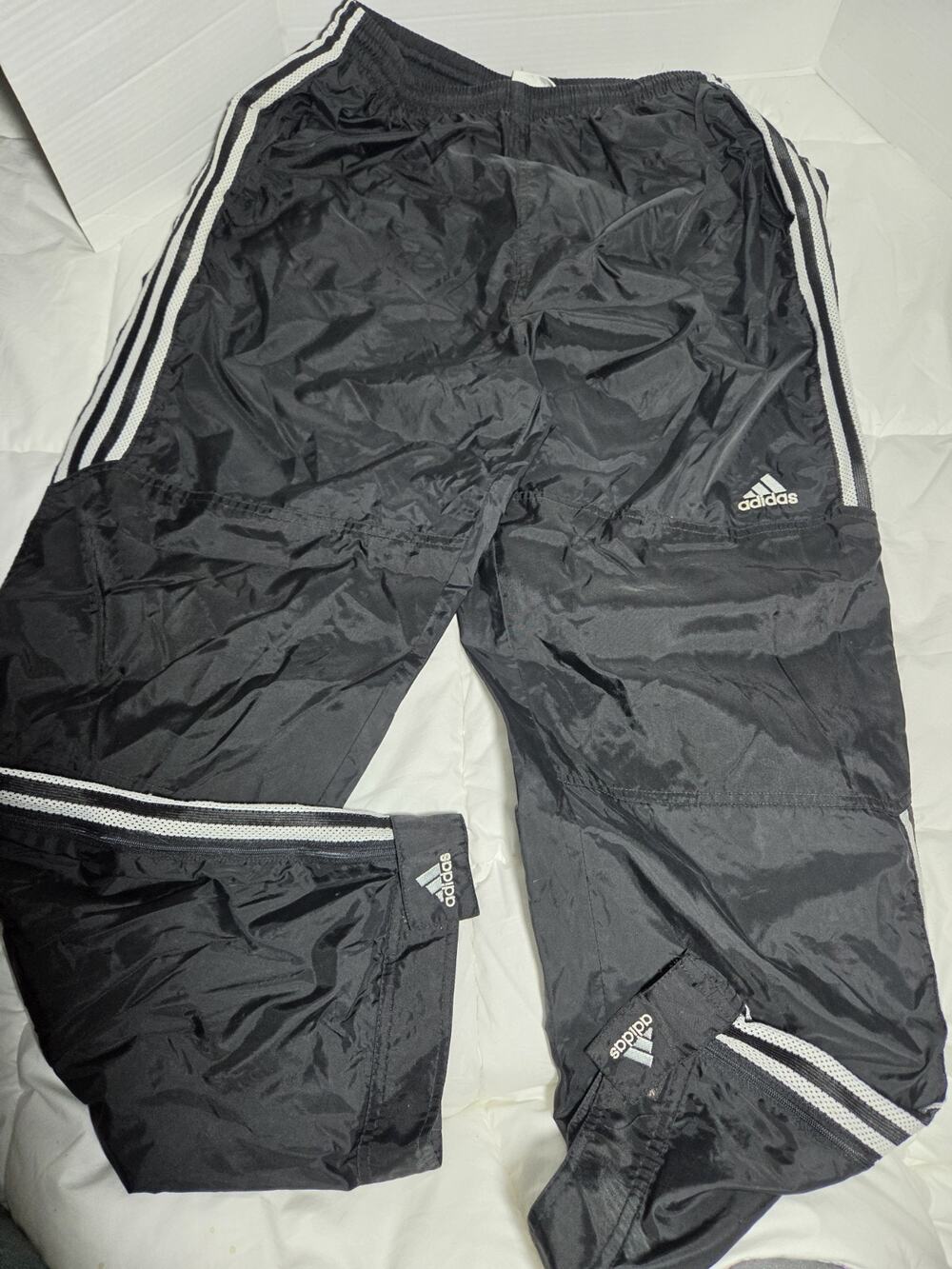 90s Adidas Track Pants Vtg L Black 3Stripe Windbreaker Nylon Zip Ankle Y2k Retro